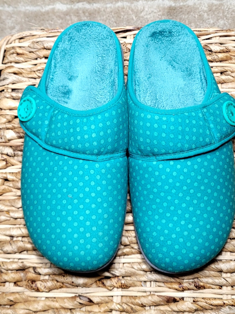 Vionic Adjustable Strap Carlin Slippers, Teal Polka Dot House Slippers, 8